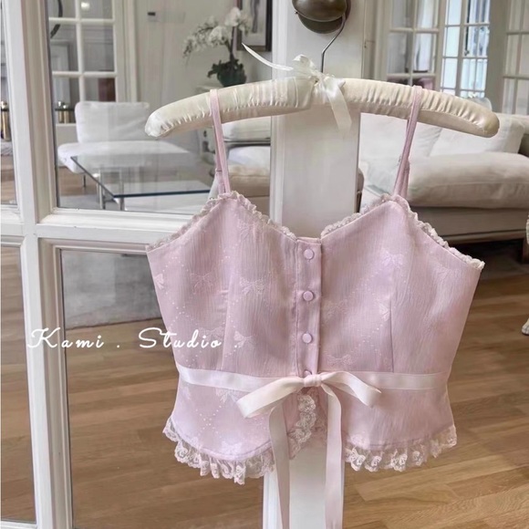 Japanese Kawaii Pastel Pink Ribbon Bow Embroidered Cottage Y2K Lace Tank Top